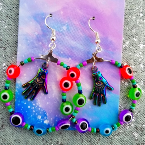 Hamsa hand evil eye earrings boho - Picture 1 of 5